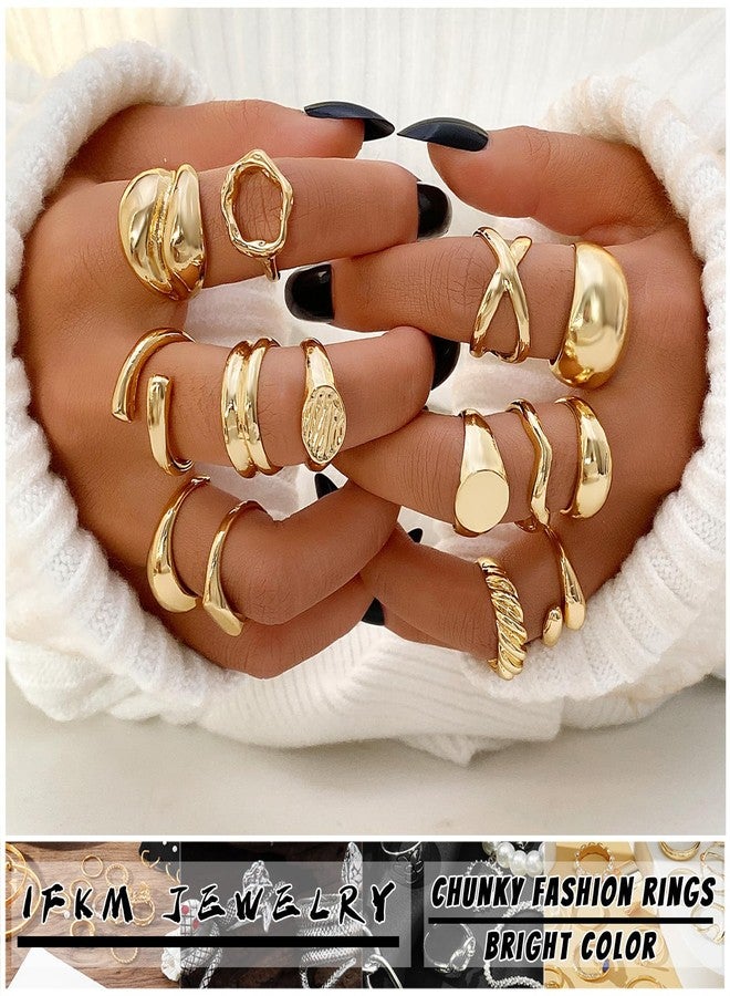 IFKM Gold Chunky Rings Set for Women 14k Gold Plated Thick Dome Stackable Open Rings Trendy Dainty Minimalist Jewelry Gifts (Flatbed wide format, Gold) - Image 2